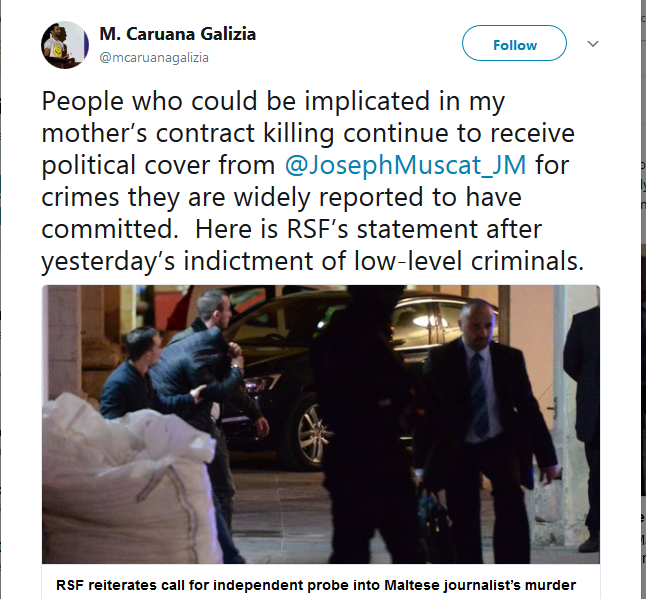 M. Caruana Galizia on Twitter People who could be implicated in my mother’s contract killing continue to receive political cover from JosephMuscat_JM for crimes they are… https t.co Is0KGPb1GK .png