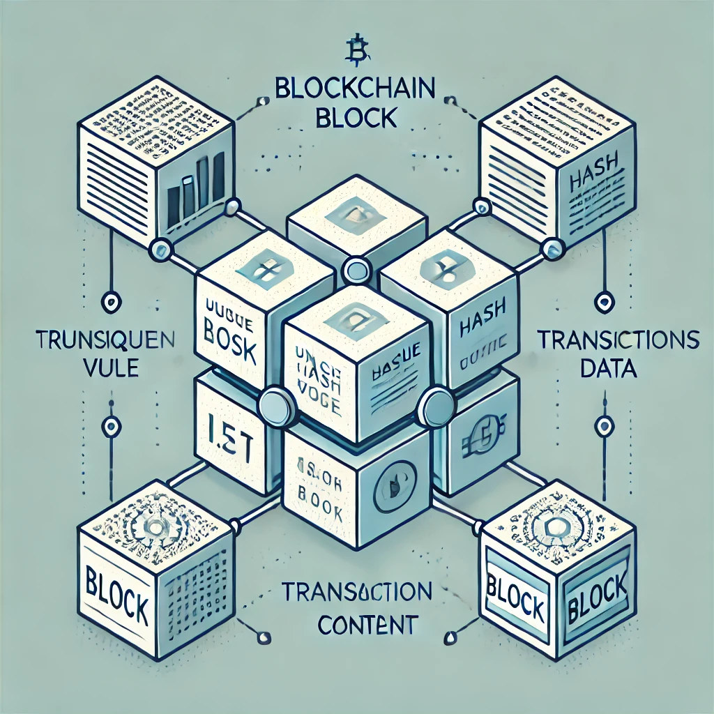DALL·E 2024-11-02 14.11.50 - A detailed graphic illustrating a blockchain block. The block should display the following components_ a unique hash value, transaction data (content).webp