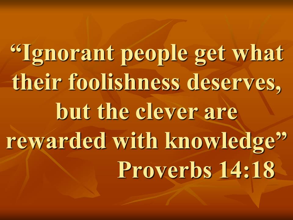 Seek wisdom. Ignorant people get what their foolishness deserves, but the clever are rewarded with knowledge. Proverbs 14.18.jpg