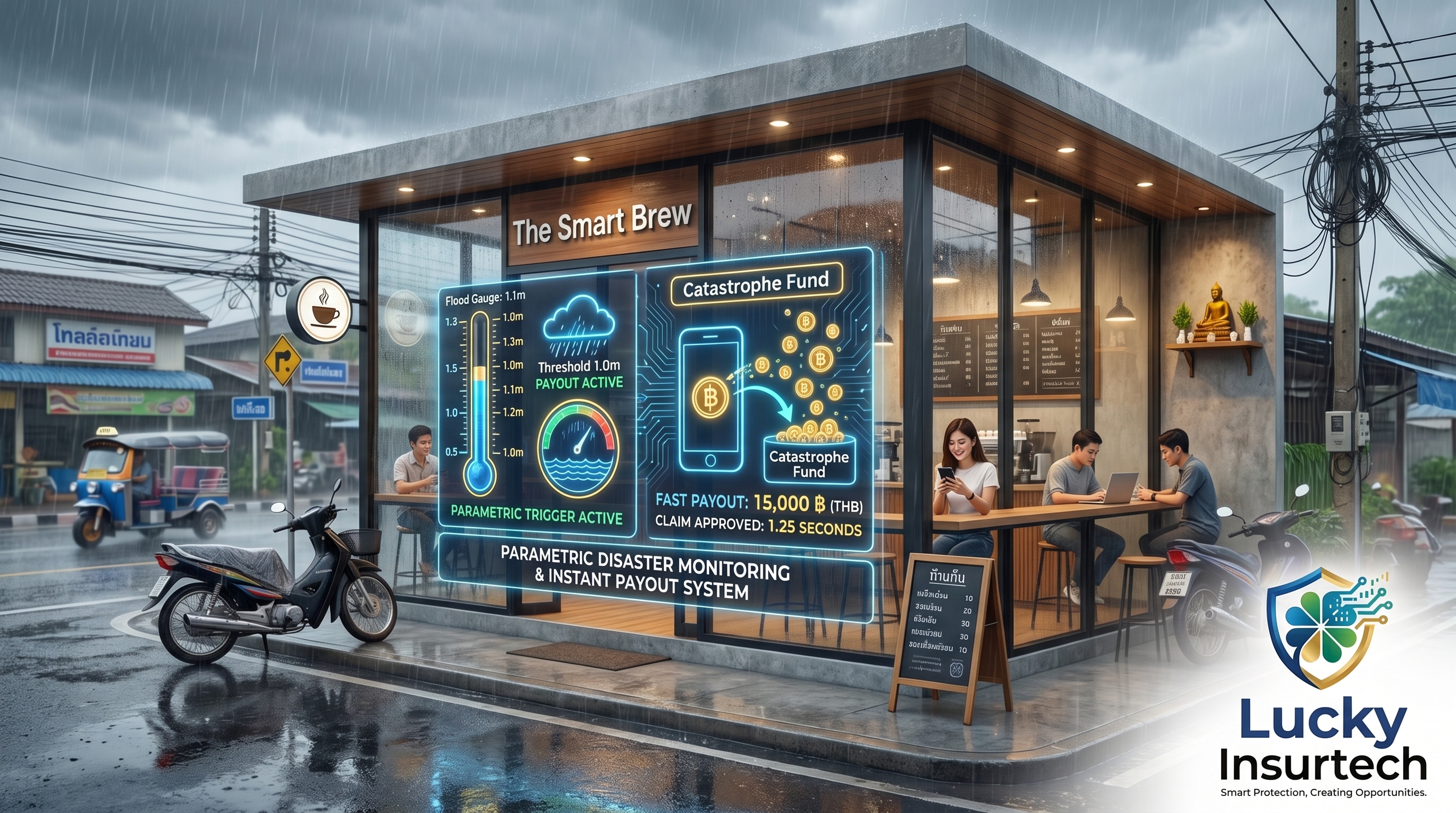 Concept__ภาพมุมกว้างของร้านกาแฟสไตล์โมเดิร์นตั้งอยู่ริมถนนในวันที่ฝนตก_มีหน้าจอแดชบอร์ดดิจิทัลลอยอยู่ด้านหน้าร้าน_แสดงมาตรวัดระดับน้ำและปริมาณน้ำฝนเป็นกราฟิกสีนีออนสว่าง_พร้อมไอคอนเงินเหรียญทองกำลังวิ่งเข้าสู่บัญชี.jpeg