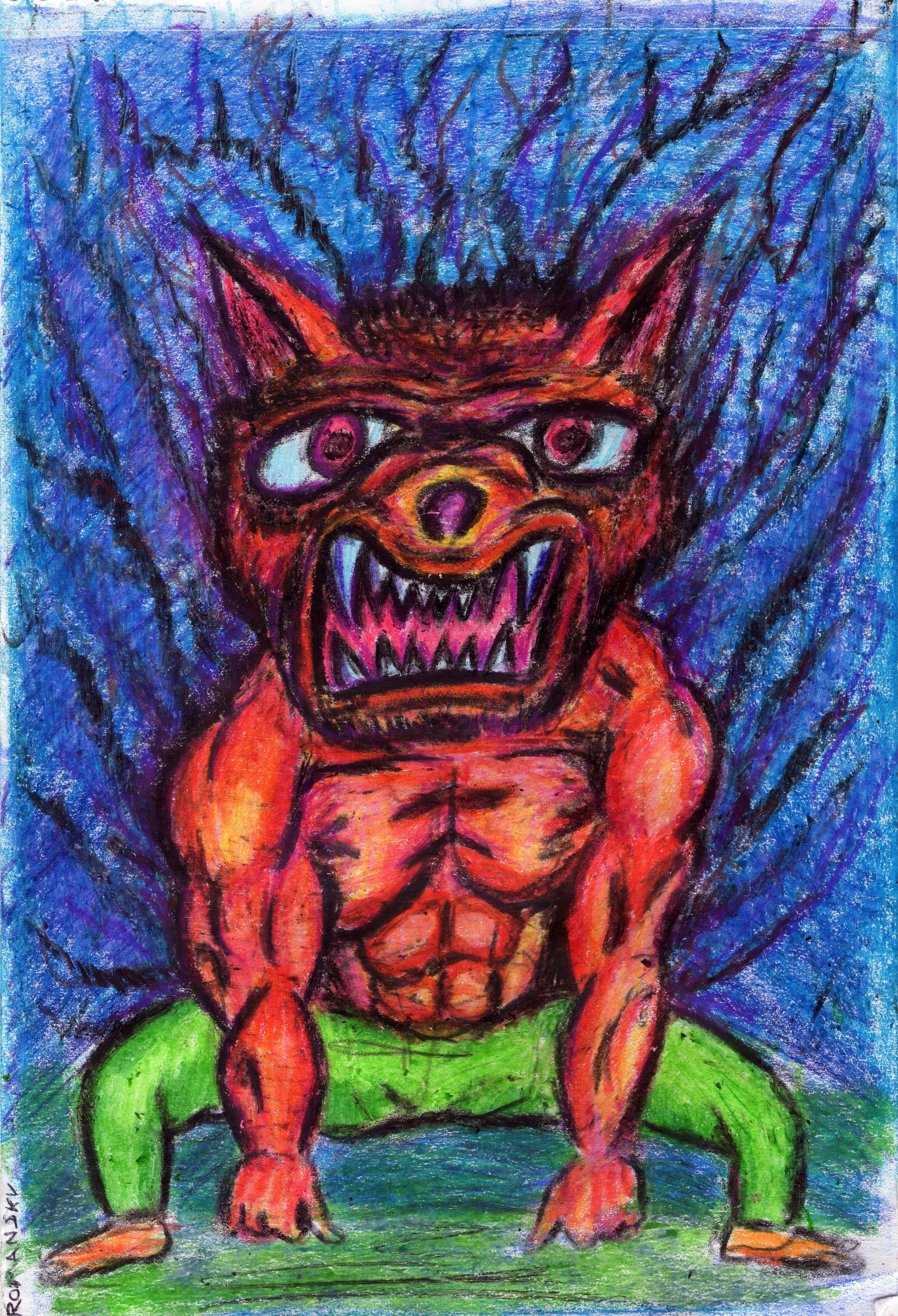 Drawing with wax pencils Рисунок восковыми карандашами Scared werewolf. 