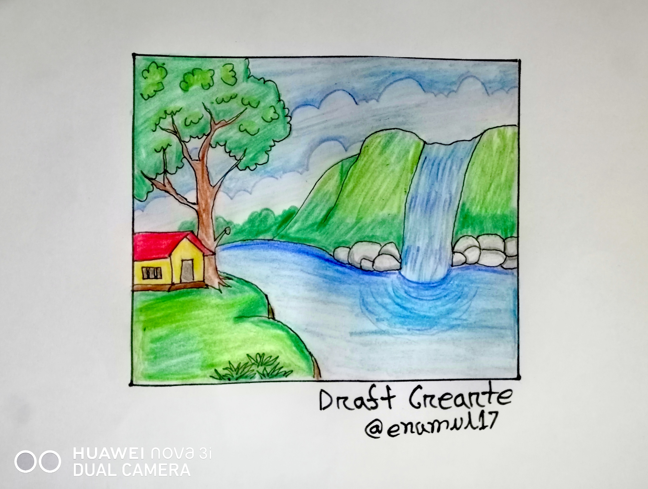 Simple Landscape Scenery Drawing for Beginners | Easy Waterfall Scenery  Drawing with Color - YouTube