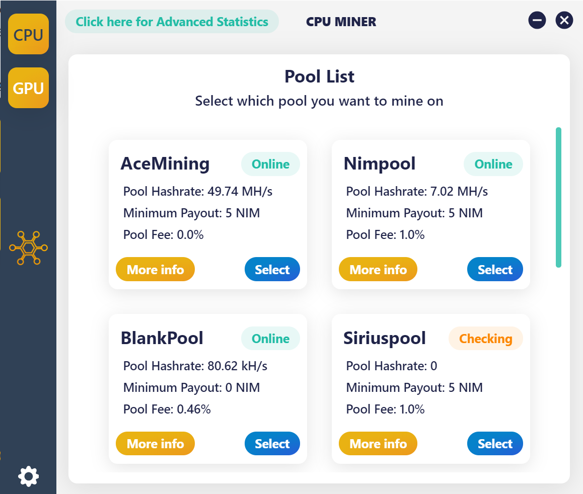 Seleccionar pool en NIM Pools Hub Miner