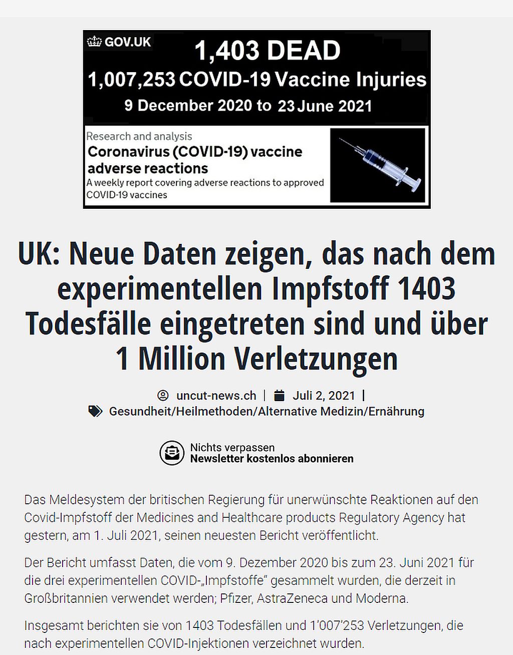 Neue Daten zeigen, das nach dem experimentellen Impfstoff 1403 Todesfälle eingetreten sind und über 1 Million Verletzungen.jpg