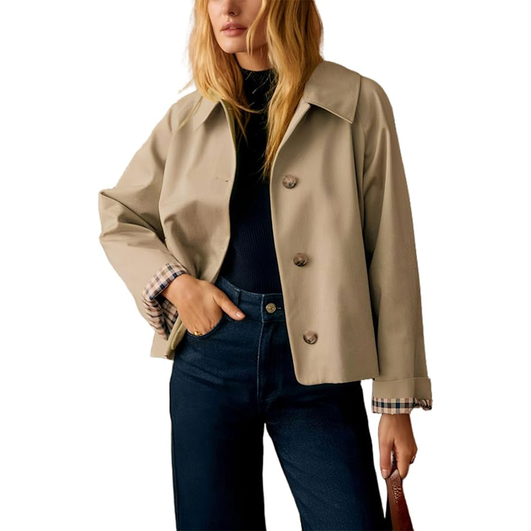 Womens Short Trench Jacket Plaid Lining Button Front Lightweight Classic Casual Outerwear with Pockets.jpg