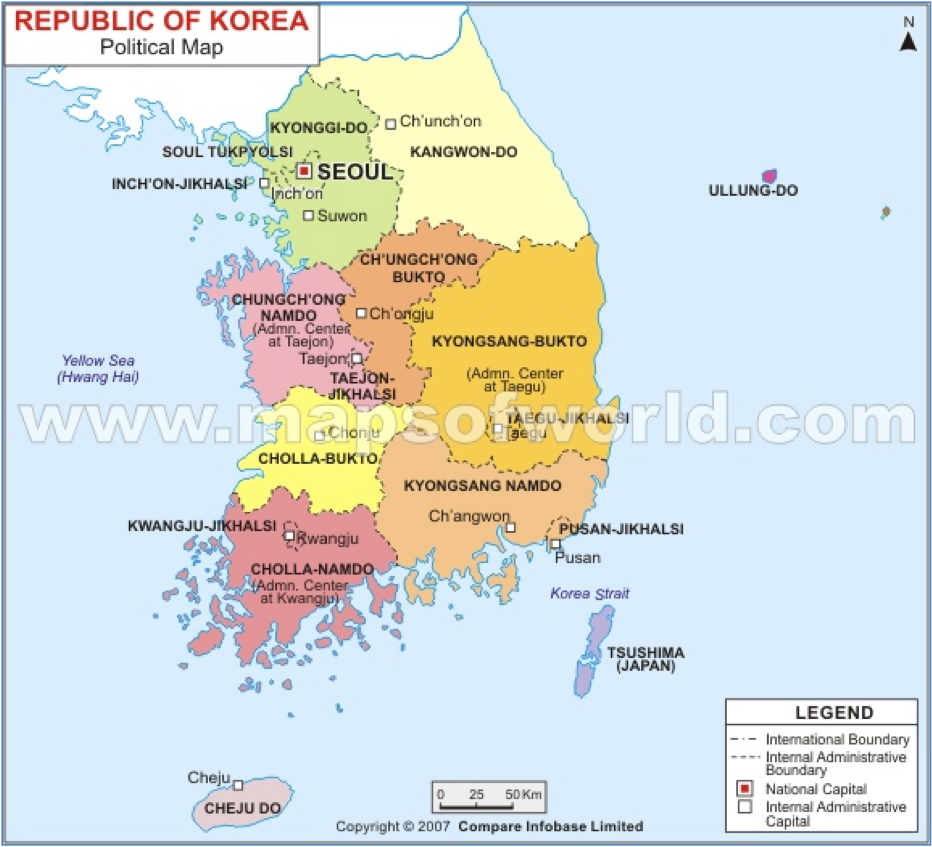 Южная корея провинции карта