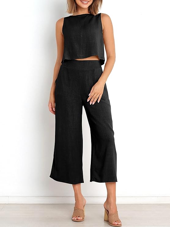 Women's Summer 2 Piece Outfits Sleeveless Crop Top Capri Wide Leg Pants Jumpsuit Linen Lounge Beach Travel Sets.jpg