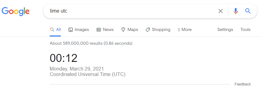 Time in UTC Google Search