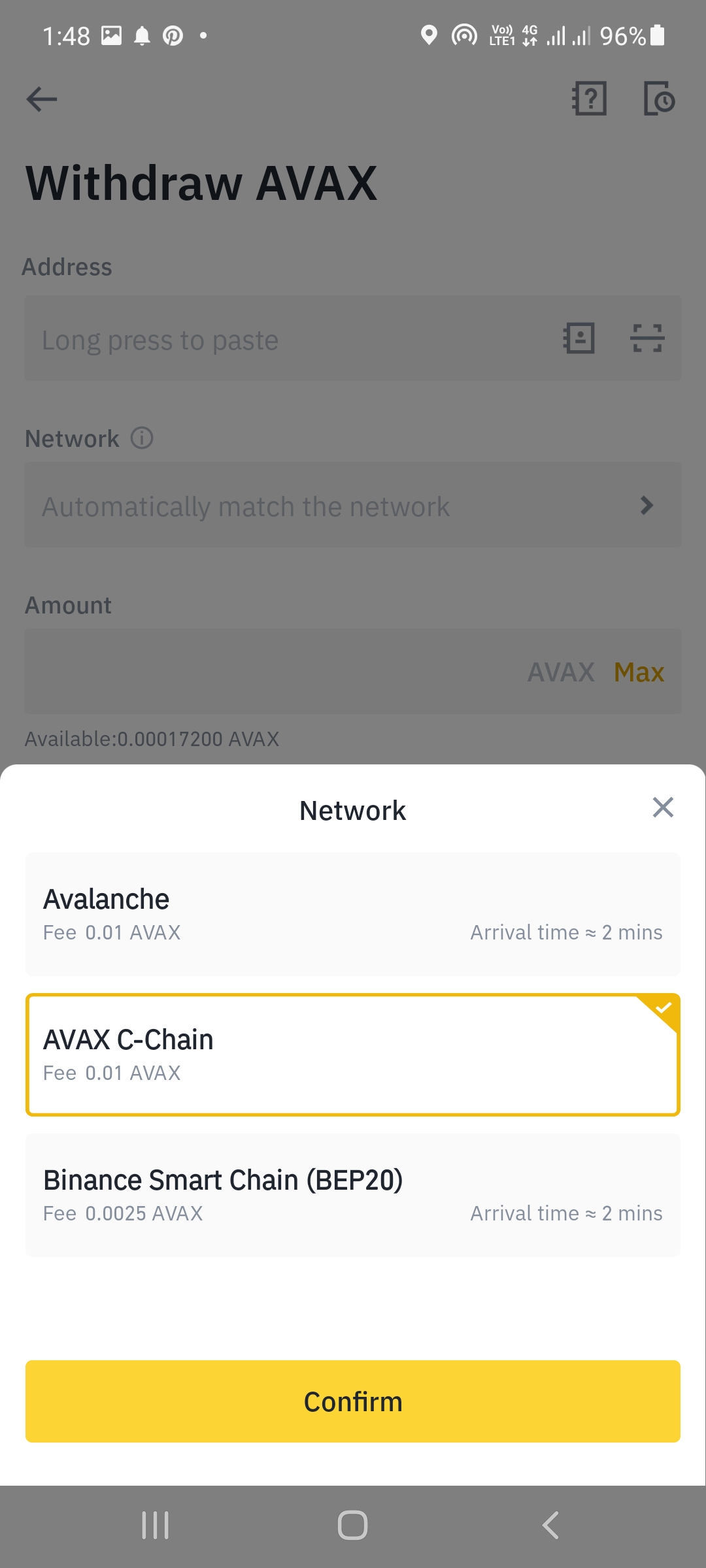 Binance AVAX C-Chain Withdrawal