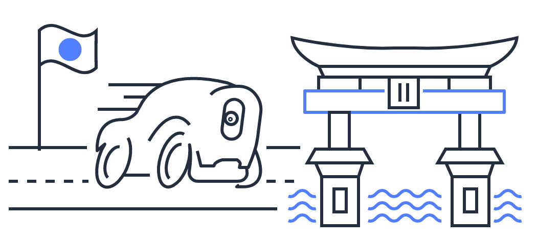 AWS Graphic for Kumo Torakku track showing AWS DeepRacer and some Japanese style buildings and gates