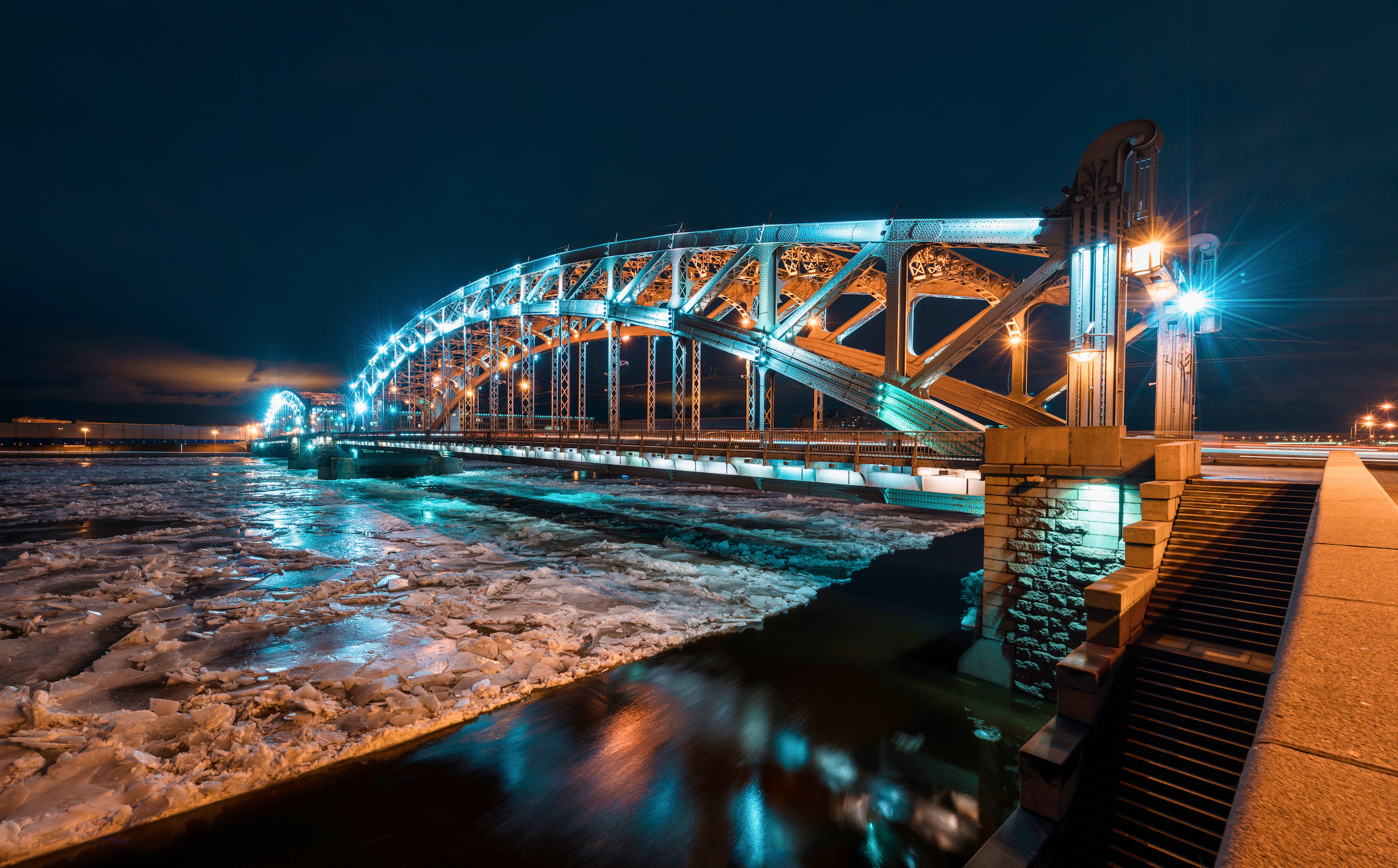 Beautiful Bolsheokhtinsky bridge at night in St. Petersburg.