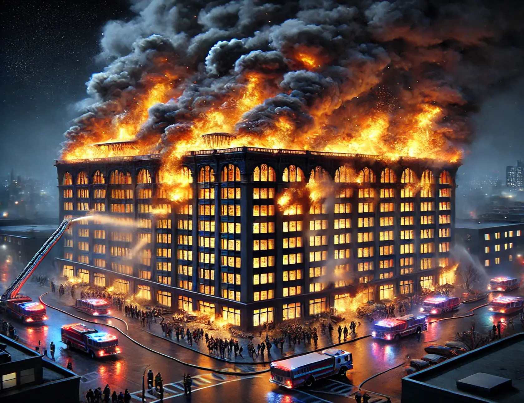 DALL·E 2025-03-14 12.33.00 - A realistic depiction of a large building engulfed in flames at night. Thick black smoke billows into the sky, and bright orange flames consume multip (1).webp