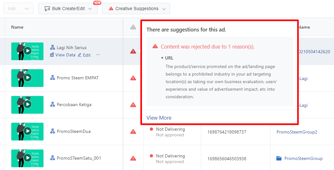 Screenchanged the ad URL setting that previously led to https://signup.steemit.com to https://steemit.com.
I don't know exactly why they rejected my ad. But based on the report that I read, it is likely that the first URL (signup.steemit.com) doesn't provide enough information to the audience, so they reject my ad. But after I changed it to a new URL (steemit.com), the ad was accepted and live well until now.
![Screenshot_283.png