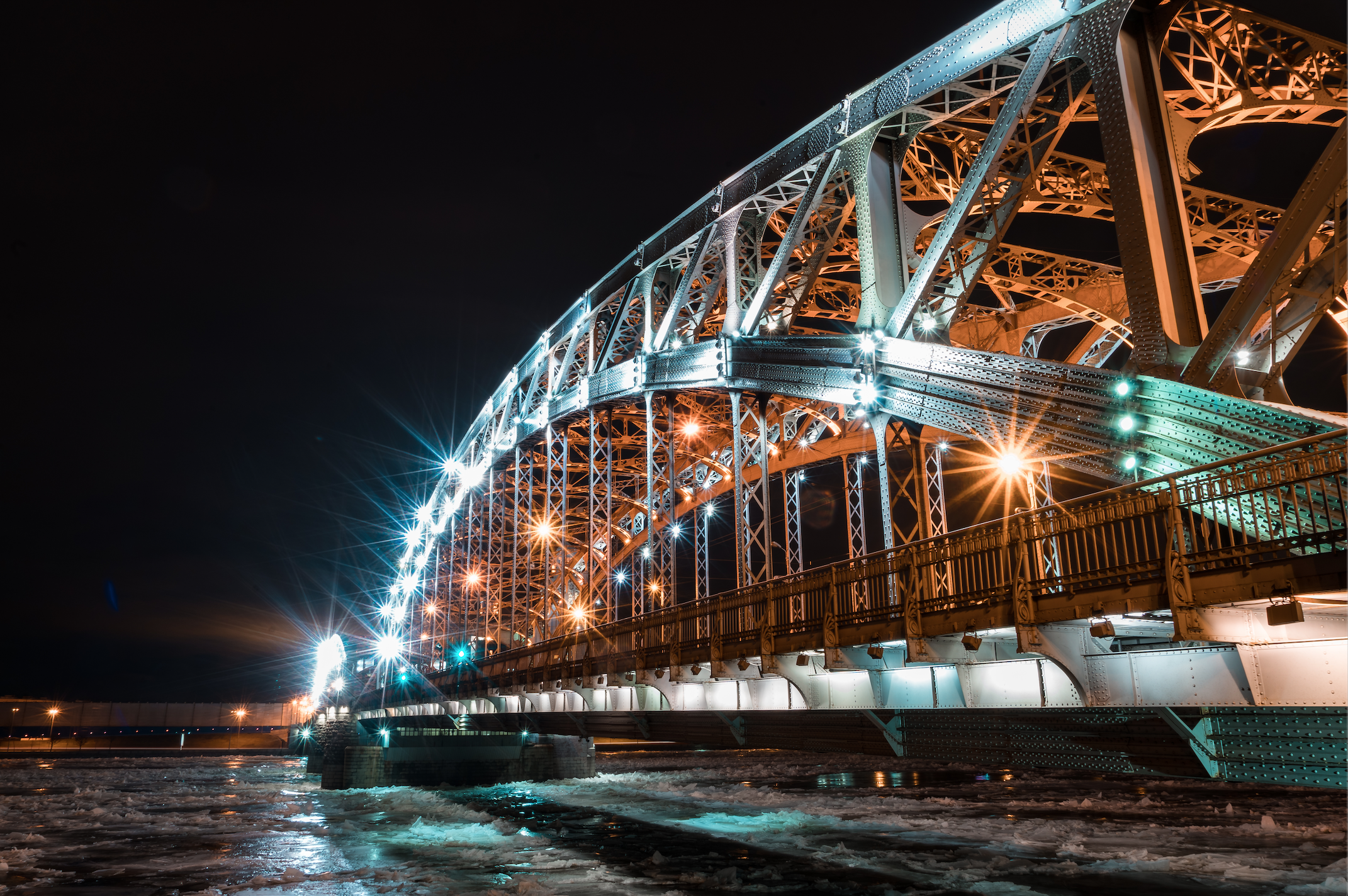 Beautiful Bolsheokhtinsky bridge at night in St. Petersburg.