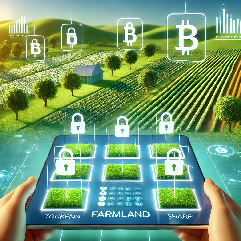 DALL·E 2024-12-16 21.20.09 - A conceptual illustration showing a modern digital farmland, with lush green fields divided into grid-like sections representing tokenized shares. Eac.webp