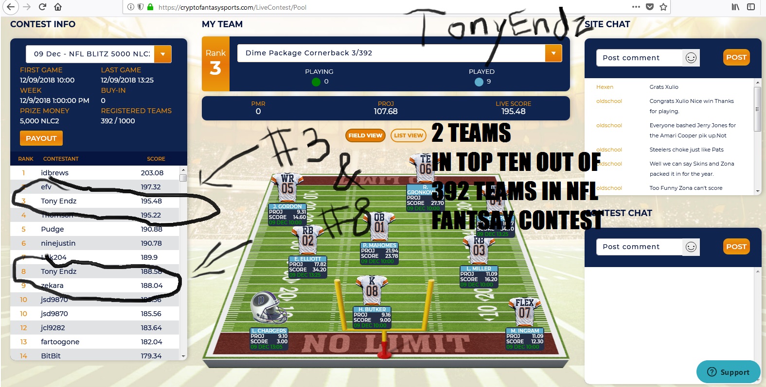 Tony Endz 2 Top Ten Teams out of 392 NFL cryptofantasysports contest dec92018.jpg