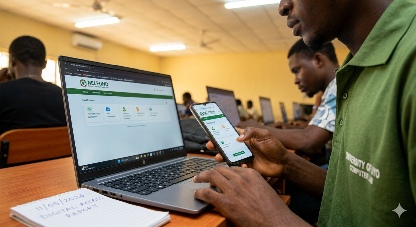 A student user at the University of Uyo documenting their access to the NELFUND student loan application dashboard on their smartphone and laptop concurrently. Date verified on notepad: 11/05/2026.