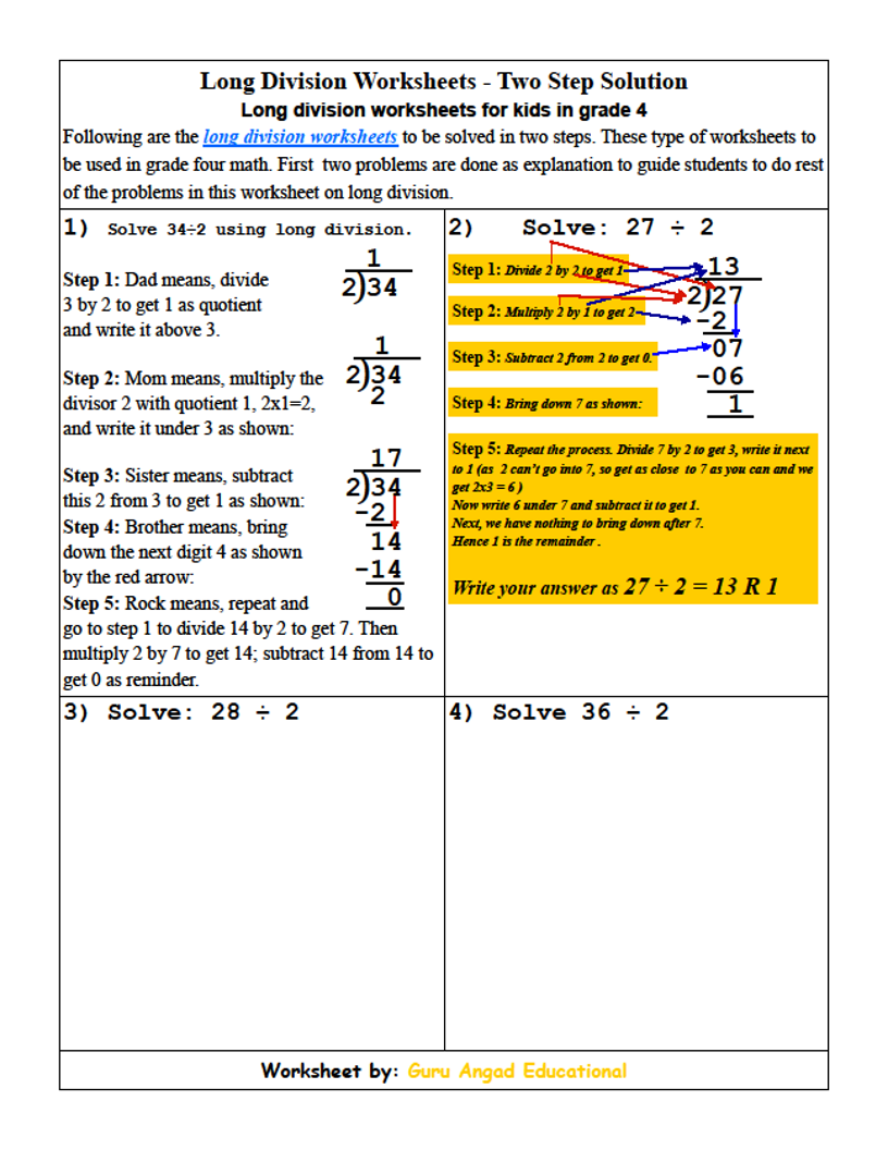 4 grade math worksheets division