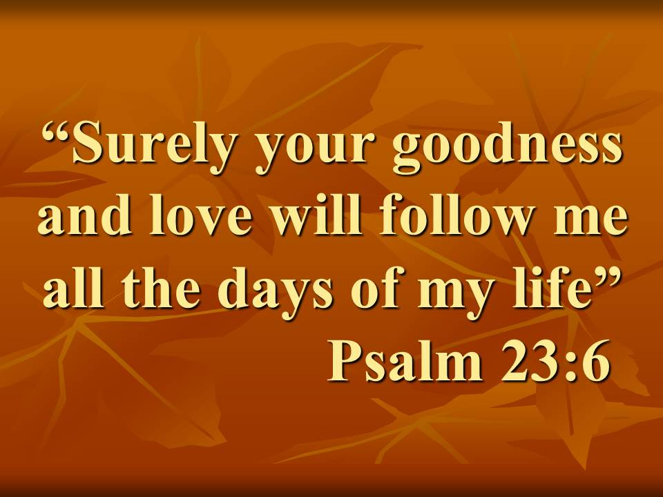 God is the good shepherd. Surely your goodness and love will follow me all the days of my life. Psalm 23,6.jpg