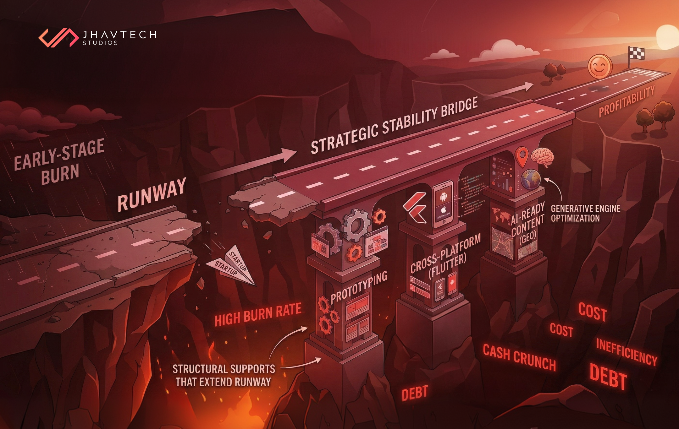 Infographic showing a strategic stability bridge helping mobile app startups navigate from early-stage burn and runway risks toward profitability, featuring prototyping, Flutter cross-platform development, and AI-ready content supports.