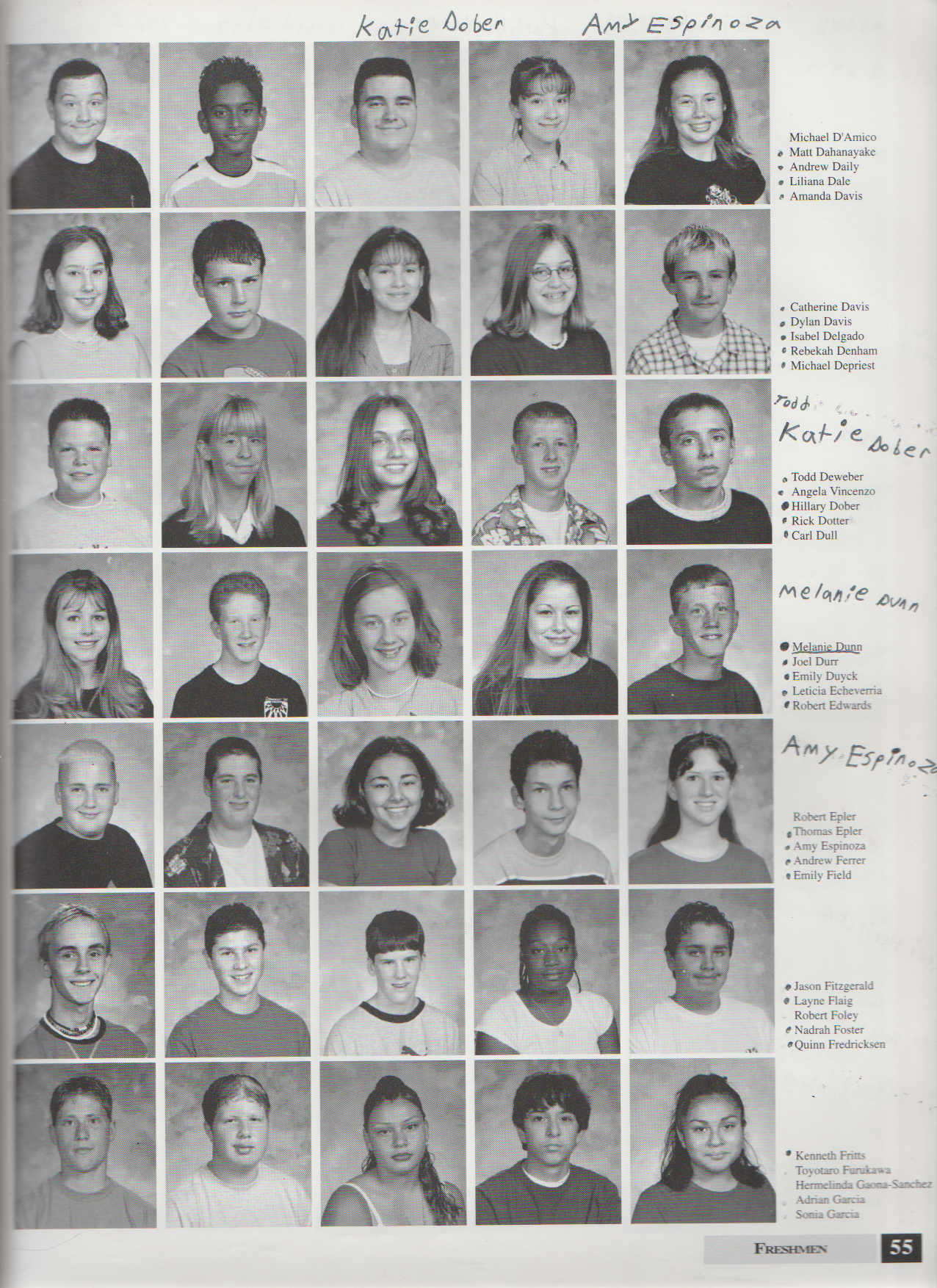 2000-2001 FGHS Yearbook Page 55 Dylan Davis, Rebekah Denham, Catherine Davis, Katie Hillary Dober, Melanie Dunn, Amy Espinoza, Layne Flaig.png