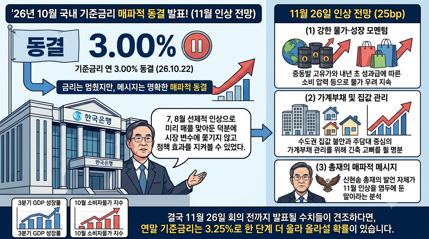 26년 10월 국내 기준금리 매파적 동결 발표! (11월 인상 전망)