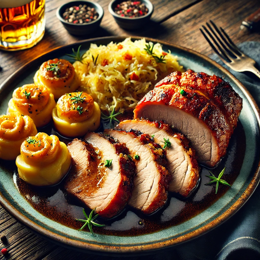 DALL·E 2025-03-19 18.14.23 - A beautifully plated German Schweinebraten (roast pork) with a crispy golden-brown crust, served with potato dumplings (Knödel) and sauerkraut. The di.webp
