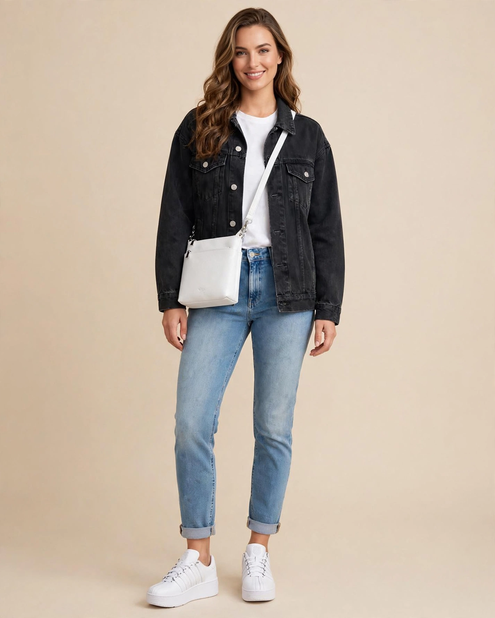 Black denim, a clean white tee, relaxed jeans, and sneakers.png