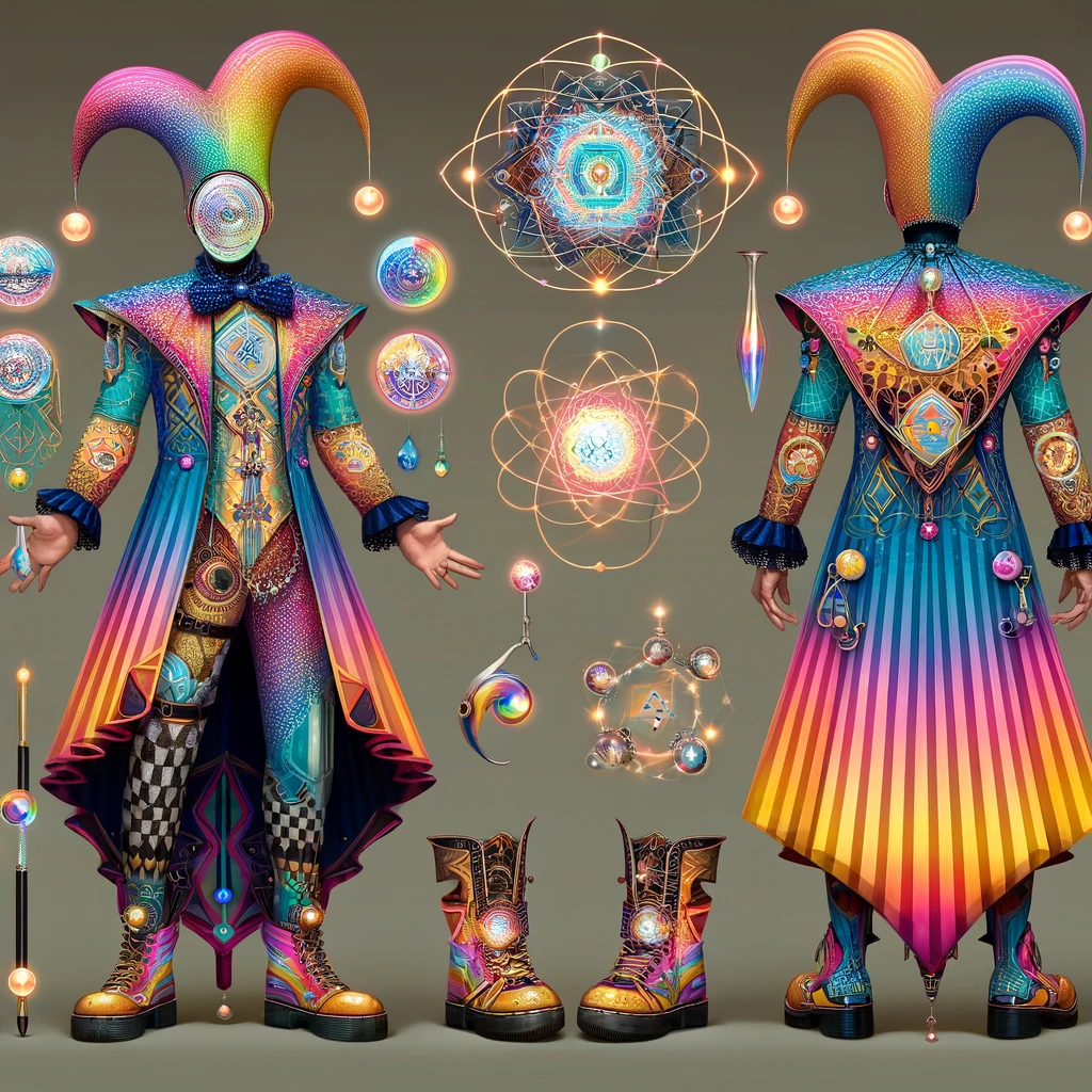DALL·E 2024-04-06 02.44.40 - Imagine a character known as the quantum jester, a blend of whimsy and quantum physics. This character wears a colorful, iridescent costume that shift.webp