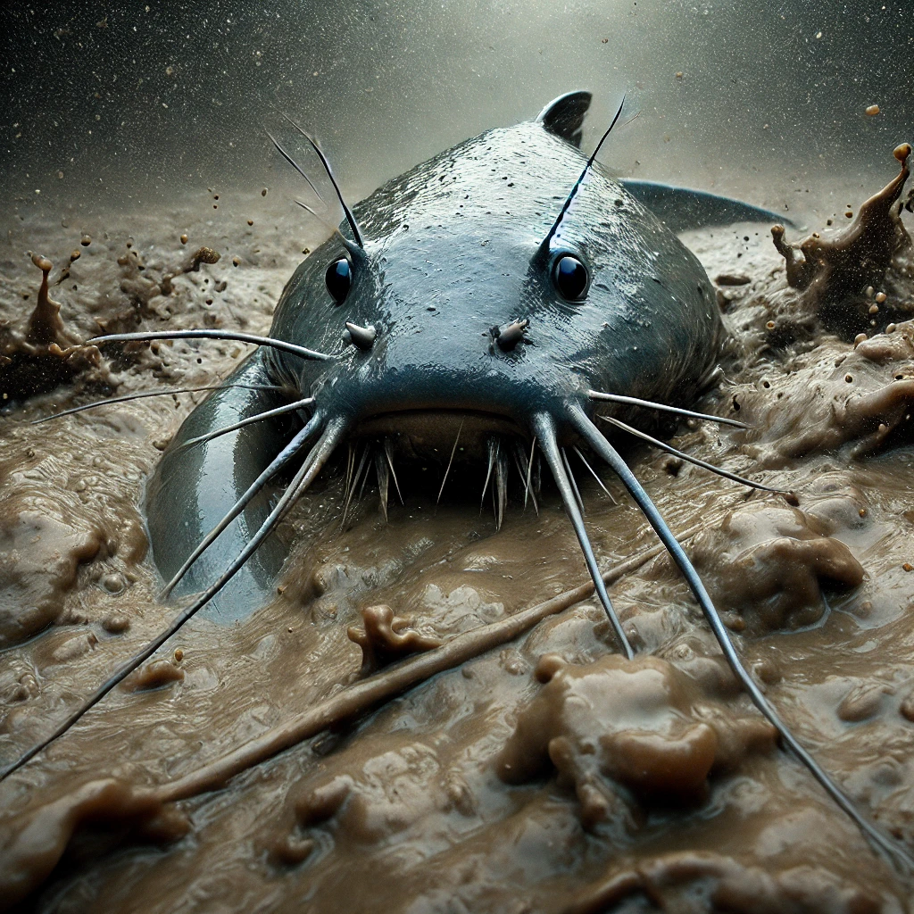 DALL·E 2024-10-05 23.49.43 - A determined catfish swimming through thick mud, using its whiskers to navigate. The catfish is moving forward with effort, pushing through the dense,.webp