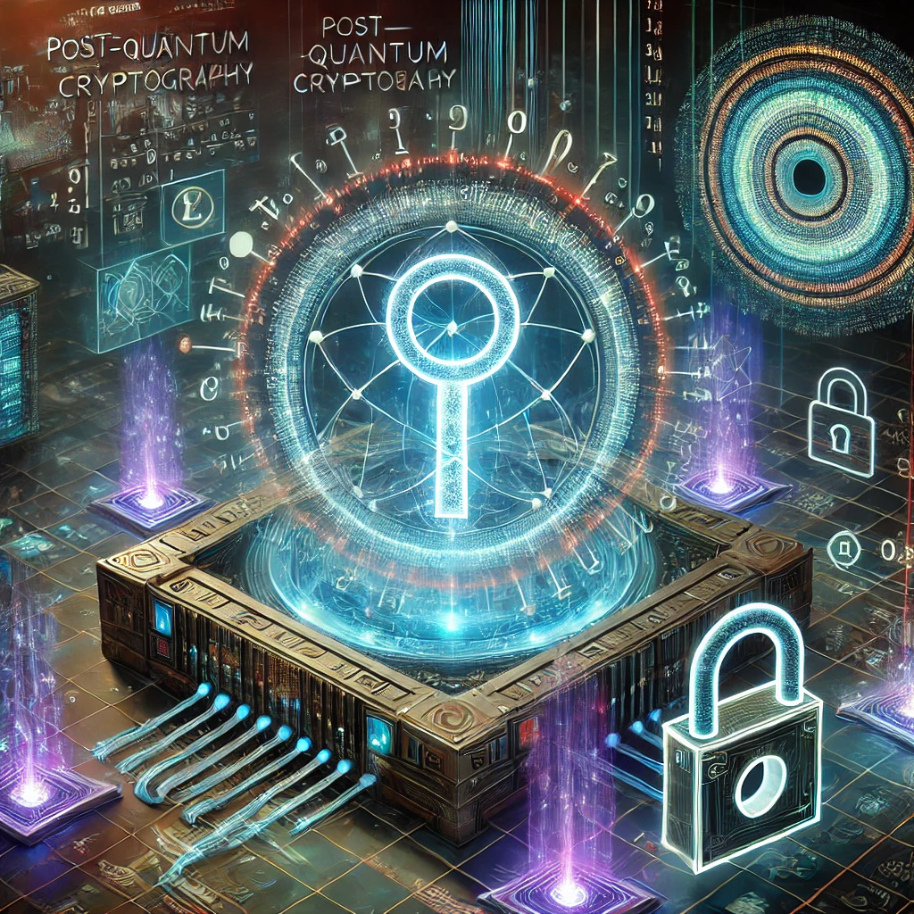 DALL·E 2025-03-16 14.52.48 - A futuristic concept of Post-Quantum Cryptography, showcasing a quantum computer surrounded by encrypted data streams, glowing mathematical equations,.webp
