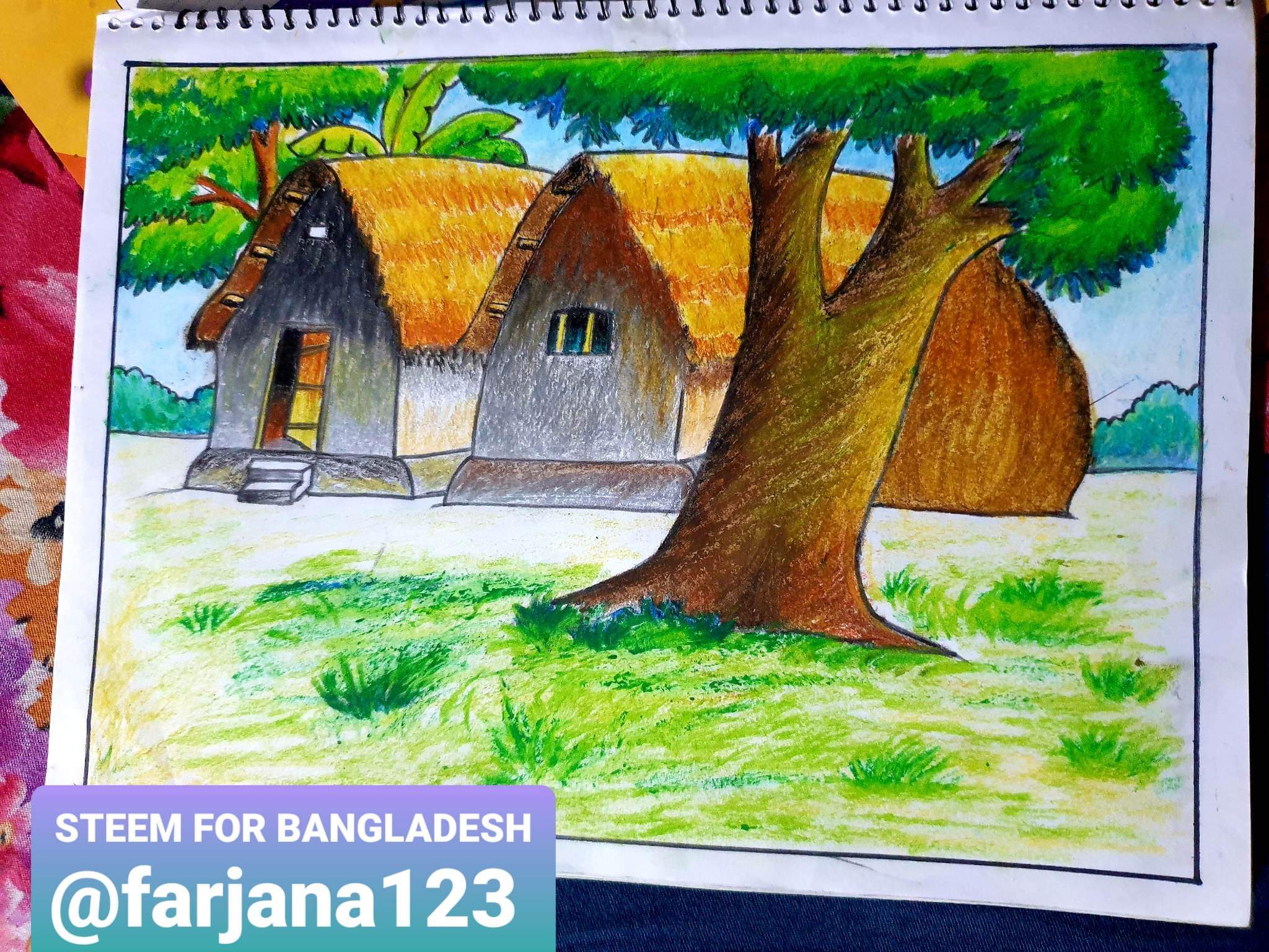 Scenery drawing of hut yard — Steemit