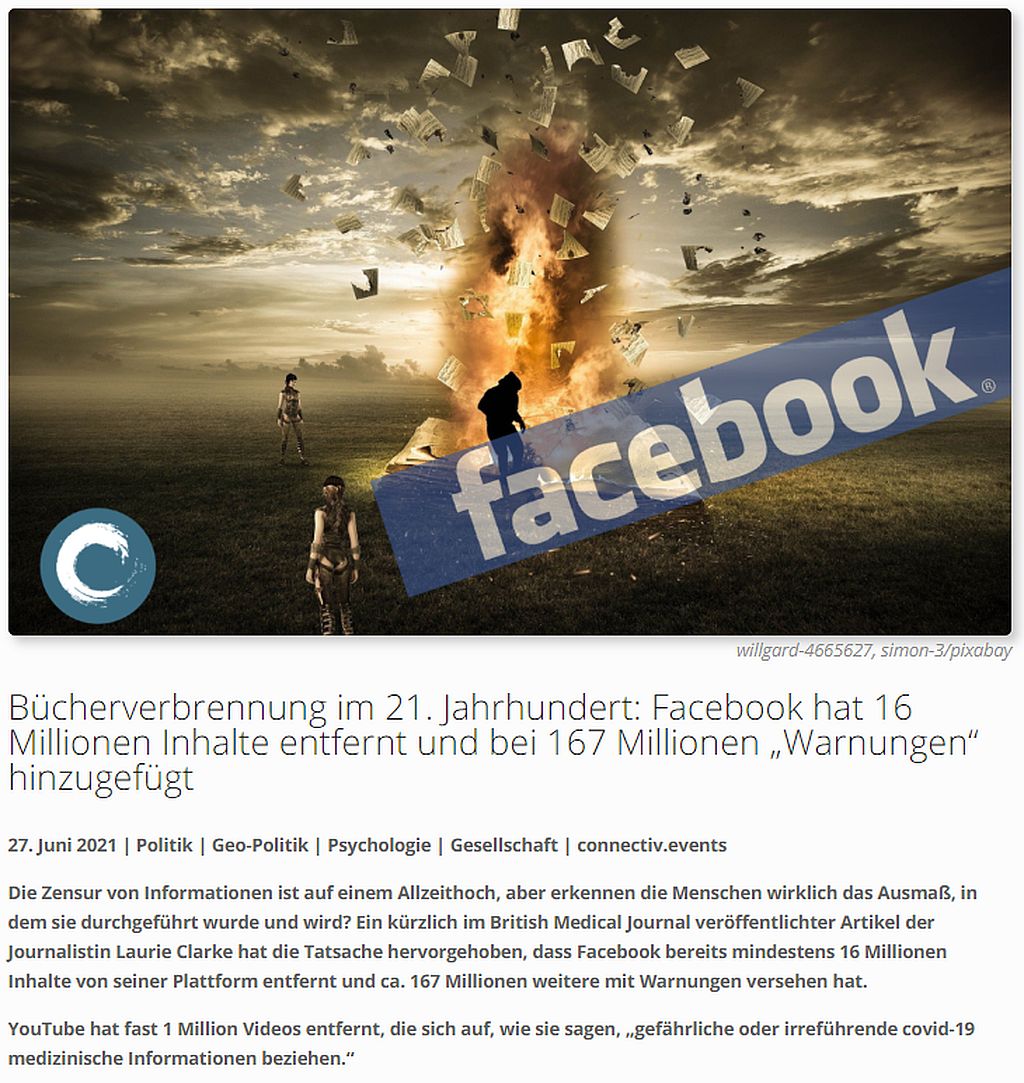 Bücherverbrennung im 21. Jahrhundert Facebook hat 16 Millionen Inhalte entfernt und bei 167 Millionen „Warnungen“ hinzugefügt.jpg
