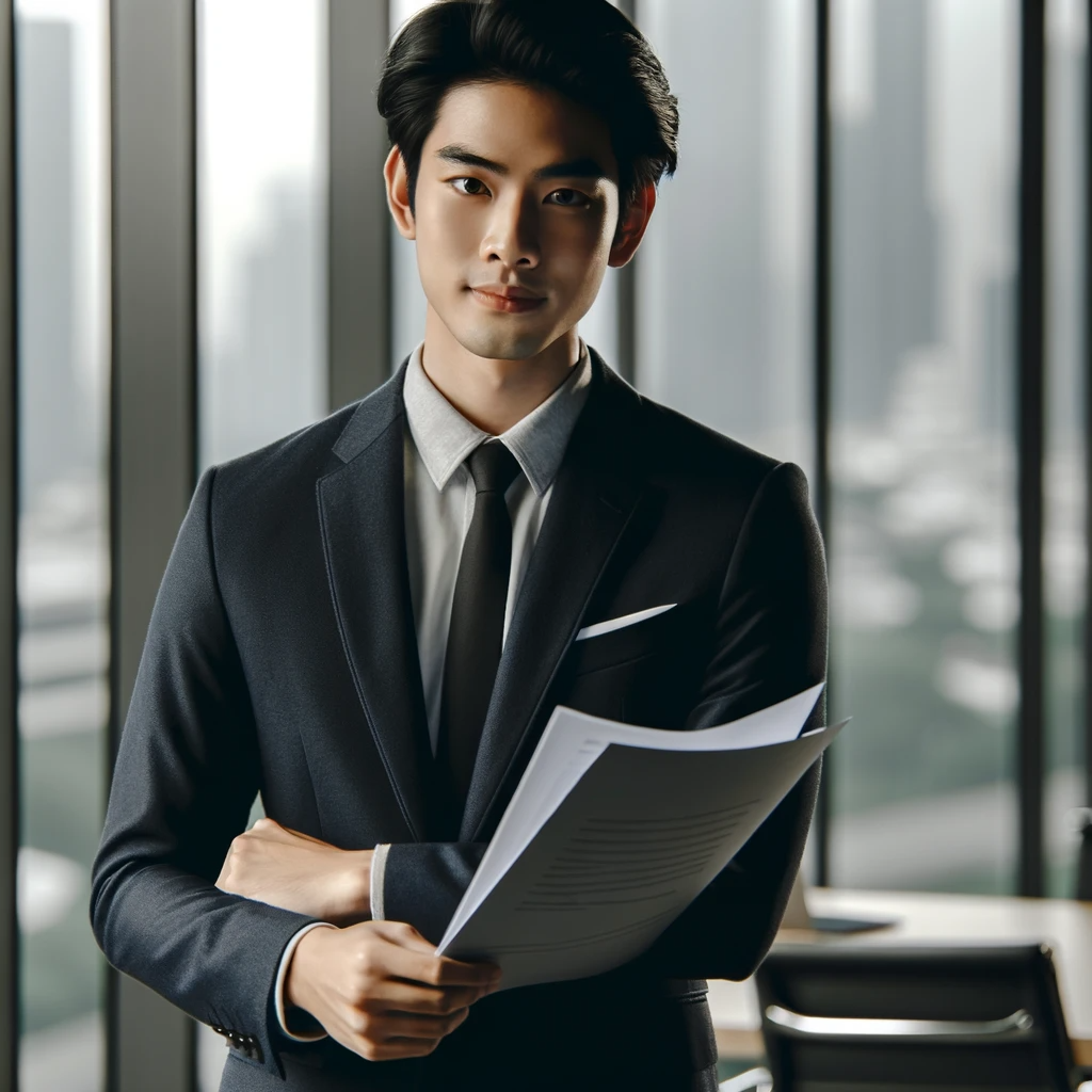 DALL·E 2024-01-12 18.35.39 - An Asian businessman in a modern office setting, holding documents in his hand. He is dressed in a formal suit, looking professional and confident. Th.png