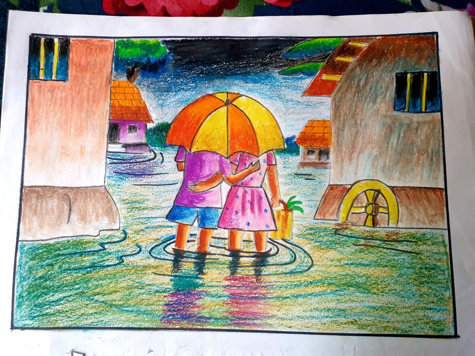 Rainy Day Scenery Drawing with Oil Pastels
