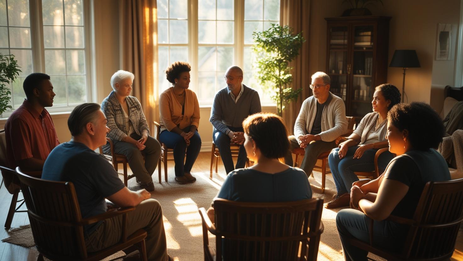 _A support group in a cozy room, diverse people seated in a circle, talking and supporting each other, soft tones, hopeful atmosphere, realistic_.jpg