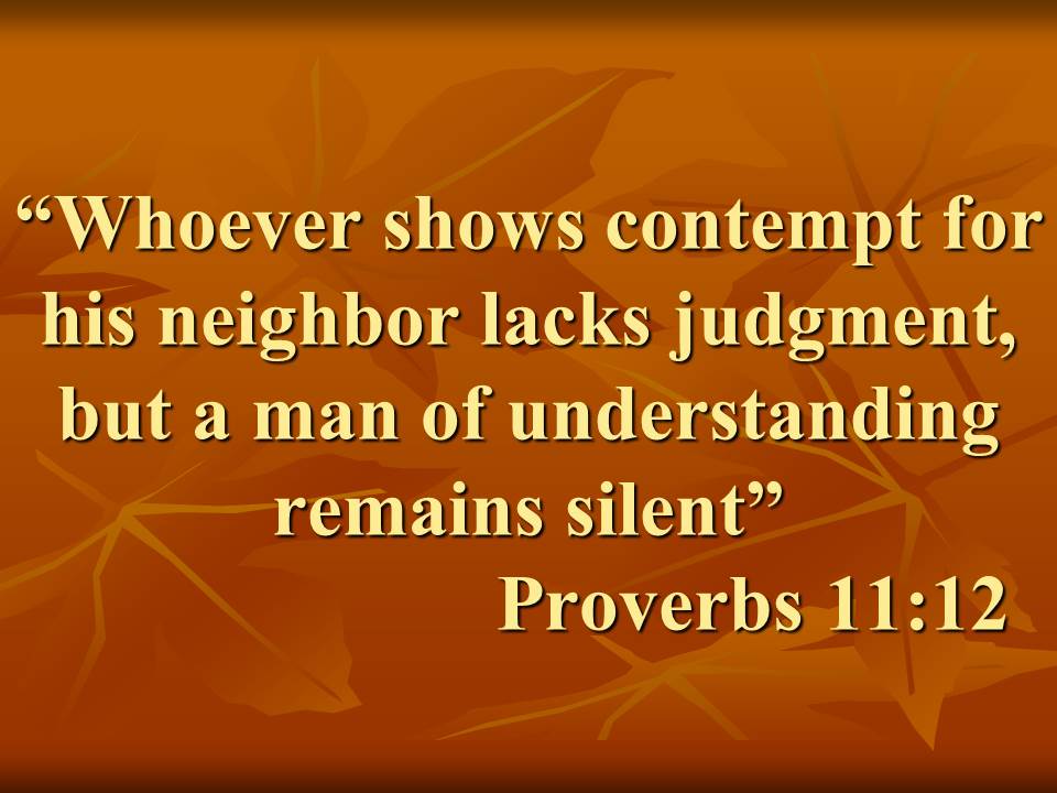 Bible truth. Whoever shows contempt for his neighbor lacks judgment, but a man of understanding remains silent. Proverbs 11,12.jpg