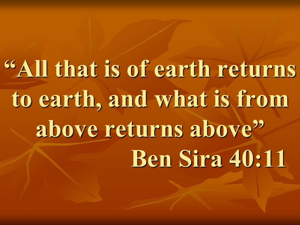 Spiritual principle of the Bible. All that is of earth returns to earth, and what is from above returns above. Ben Sira 40,11.jpg