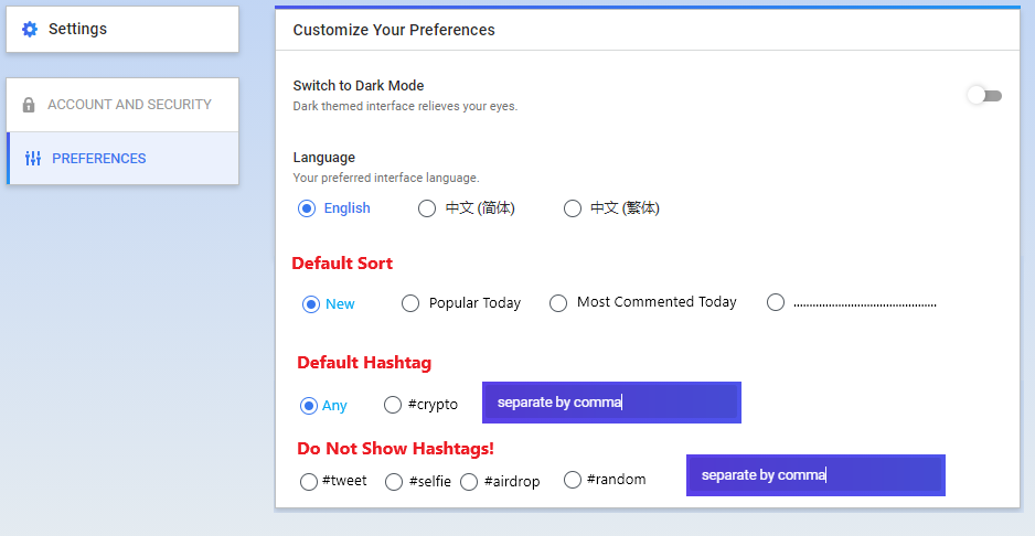 sort and hashtag preference