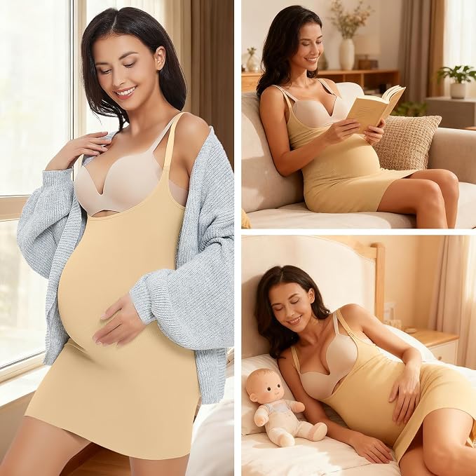 Women's Maternity Bustless Tank Top Belly Support, Pregnancy Adjustable Spaghetti Strap Bodycon Shapewear Slip Dress.jpg