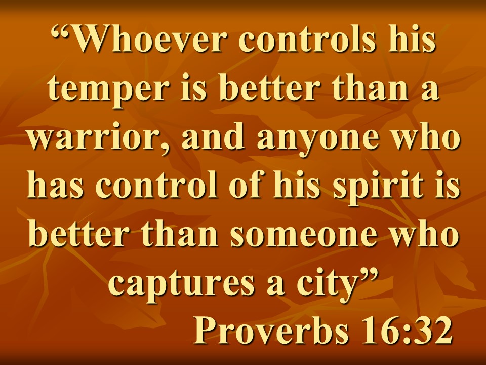 Spiritual growth. Whoever controls his temper is better than a warrior, and anyone who has control of his spirit is better than someone who captures a city. Proverbs 16,32.jpg