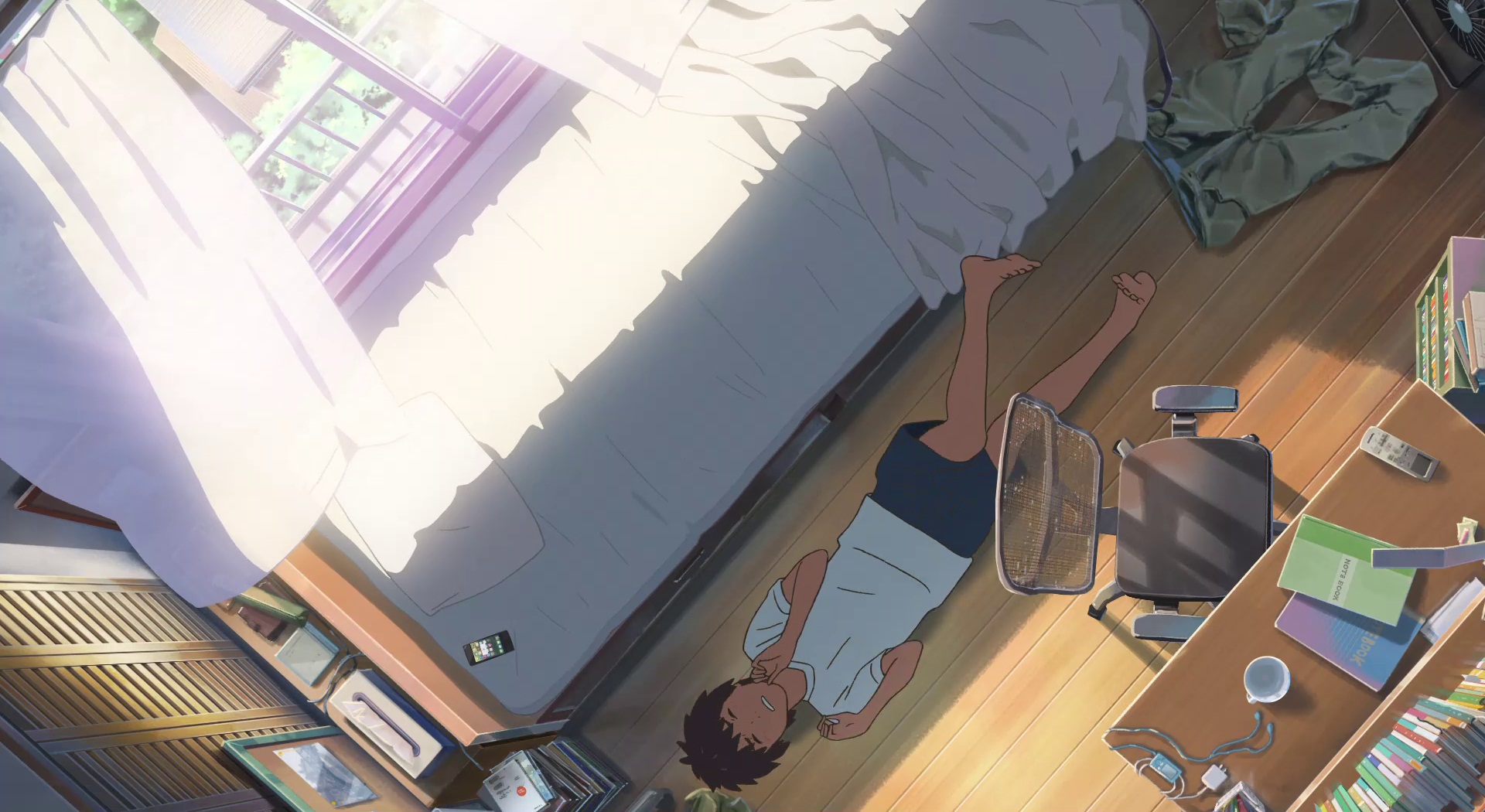 A young boy falls down from his bed while dreaming in his sleep.  Hilariously realistic scene from the anime feature film 'Your Name'. —  Steemit