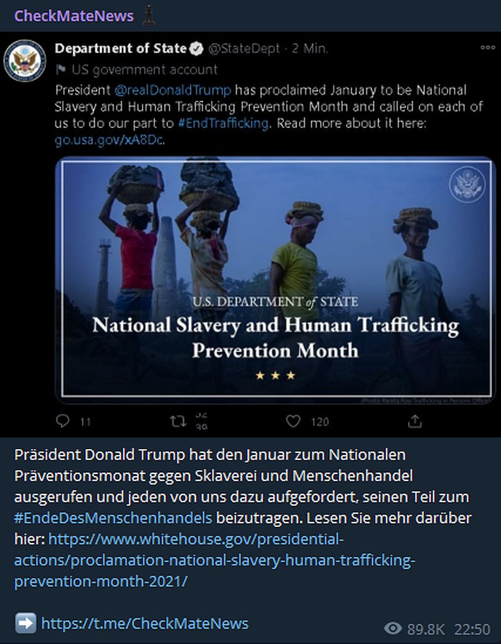 Präsident Donald Trump hat den Januar zum Nationalen Präventionsmonat gegen Sklaverei und Menschenhandel ausgerufen.jpg