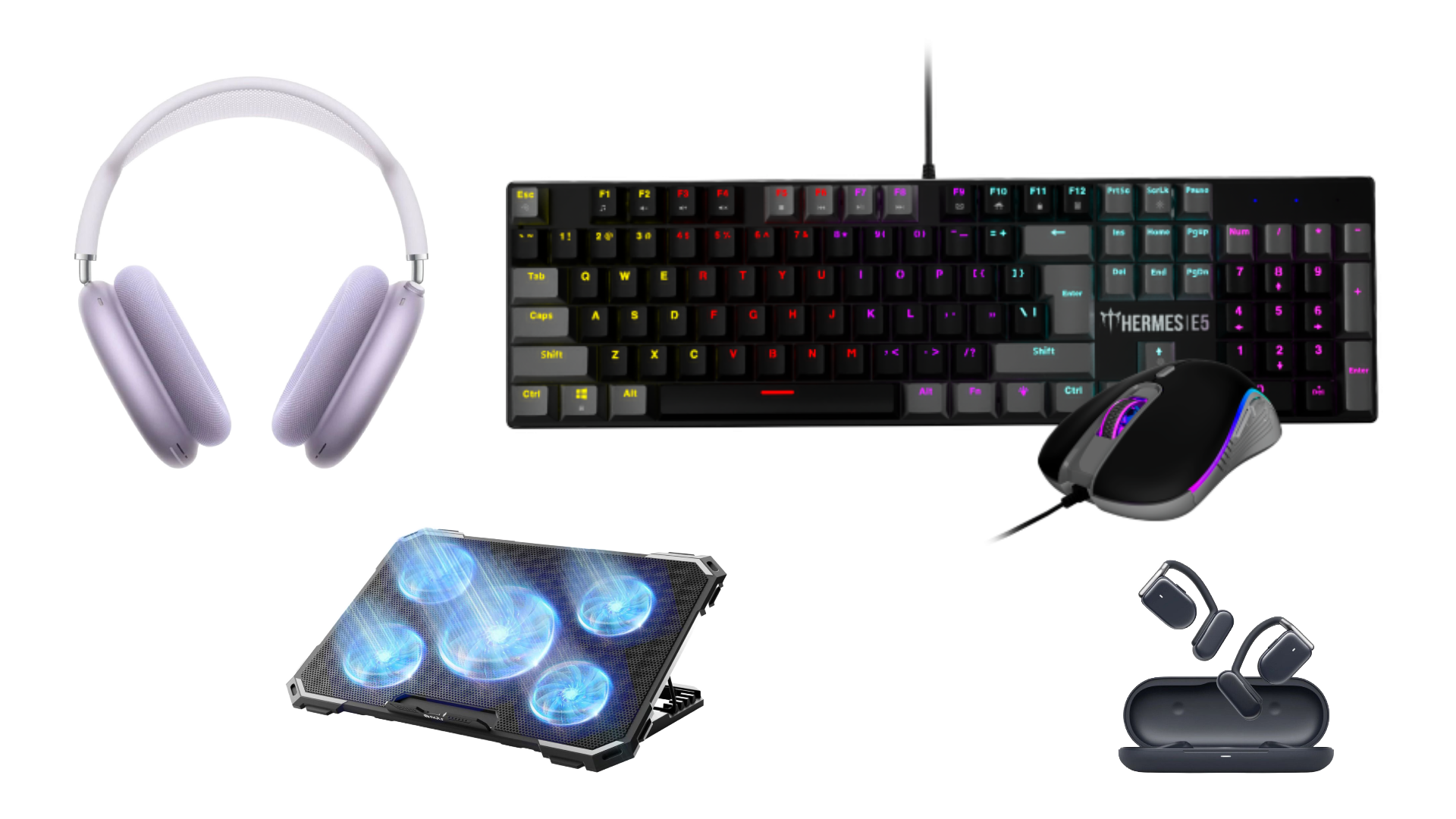 Laptop accessories: keyboard, mouse, cooling pad, headphones