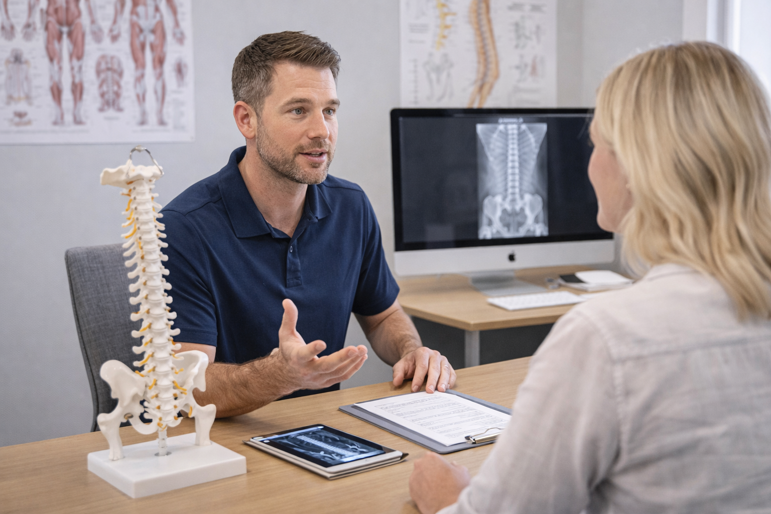 Patient speaking with a chiropractor in a consultation room, with a spine model on the desk and spinal imaging visible on a computer screen in a modern medical office.