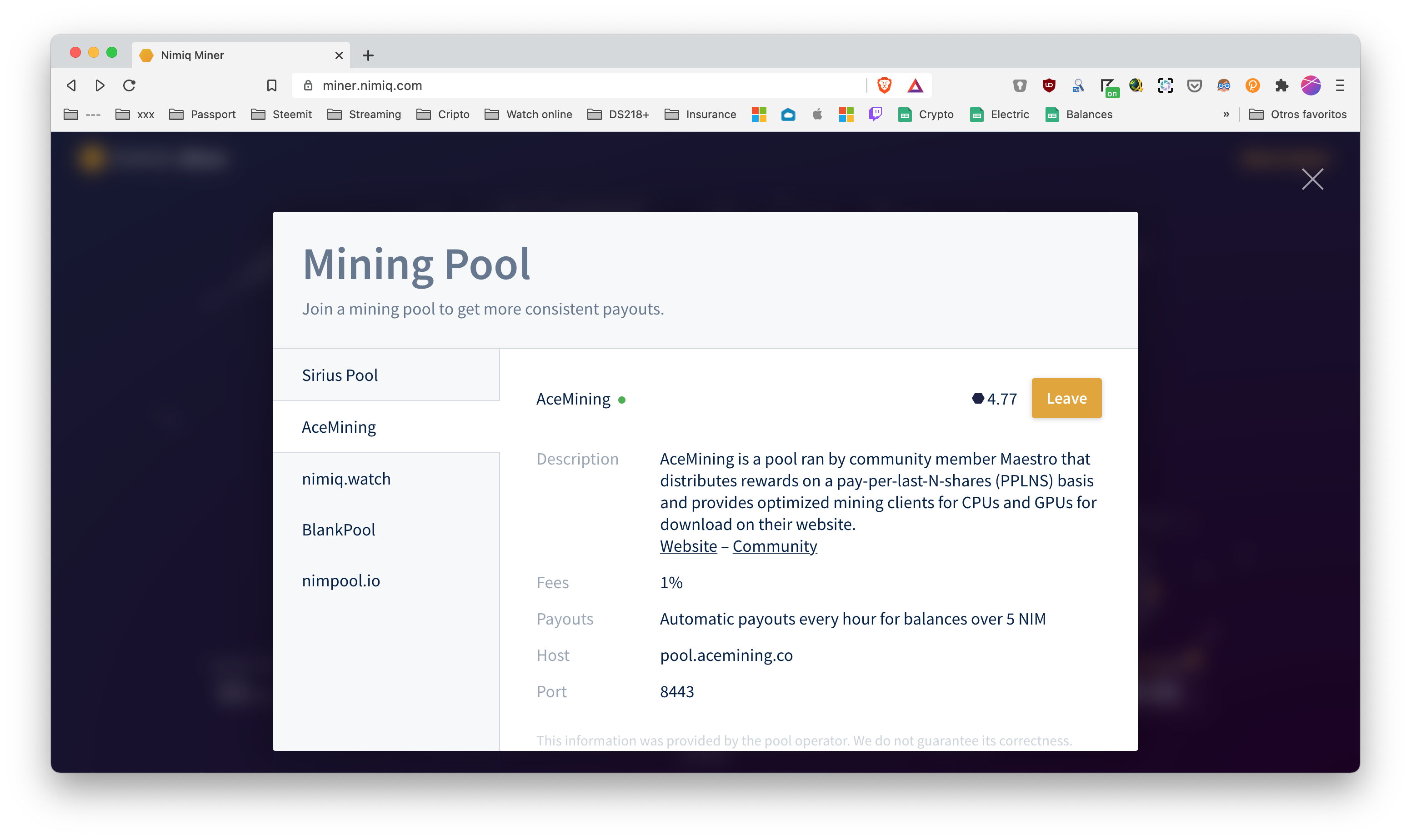 Selección de pool del minador web
