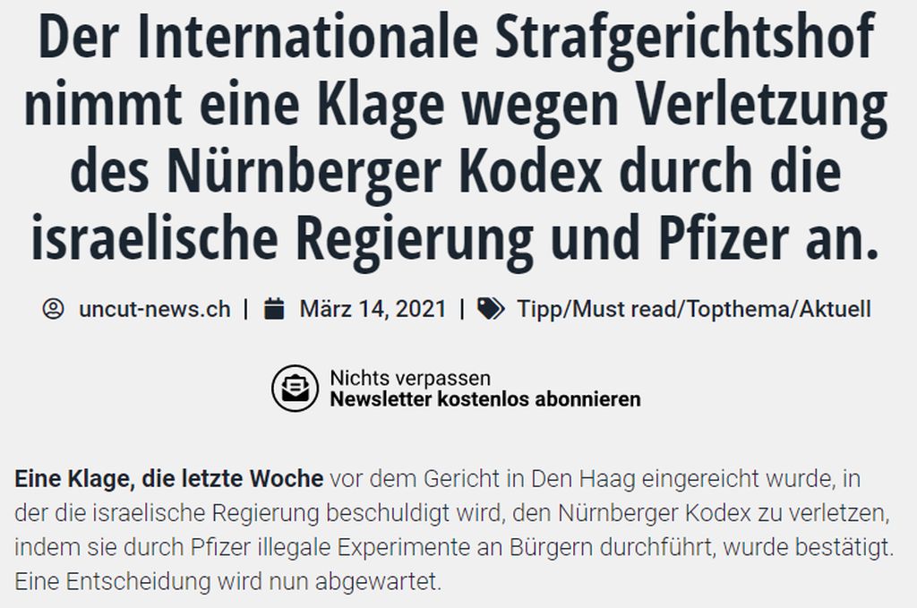 Der Internationale Strafgerichtshof nimmt eine Klage wegen Verletzung des Nürnberger Kodex durch die israelische Regierung und Pfizer an..jpg