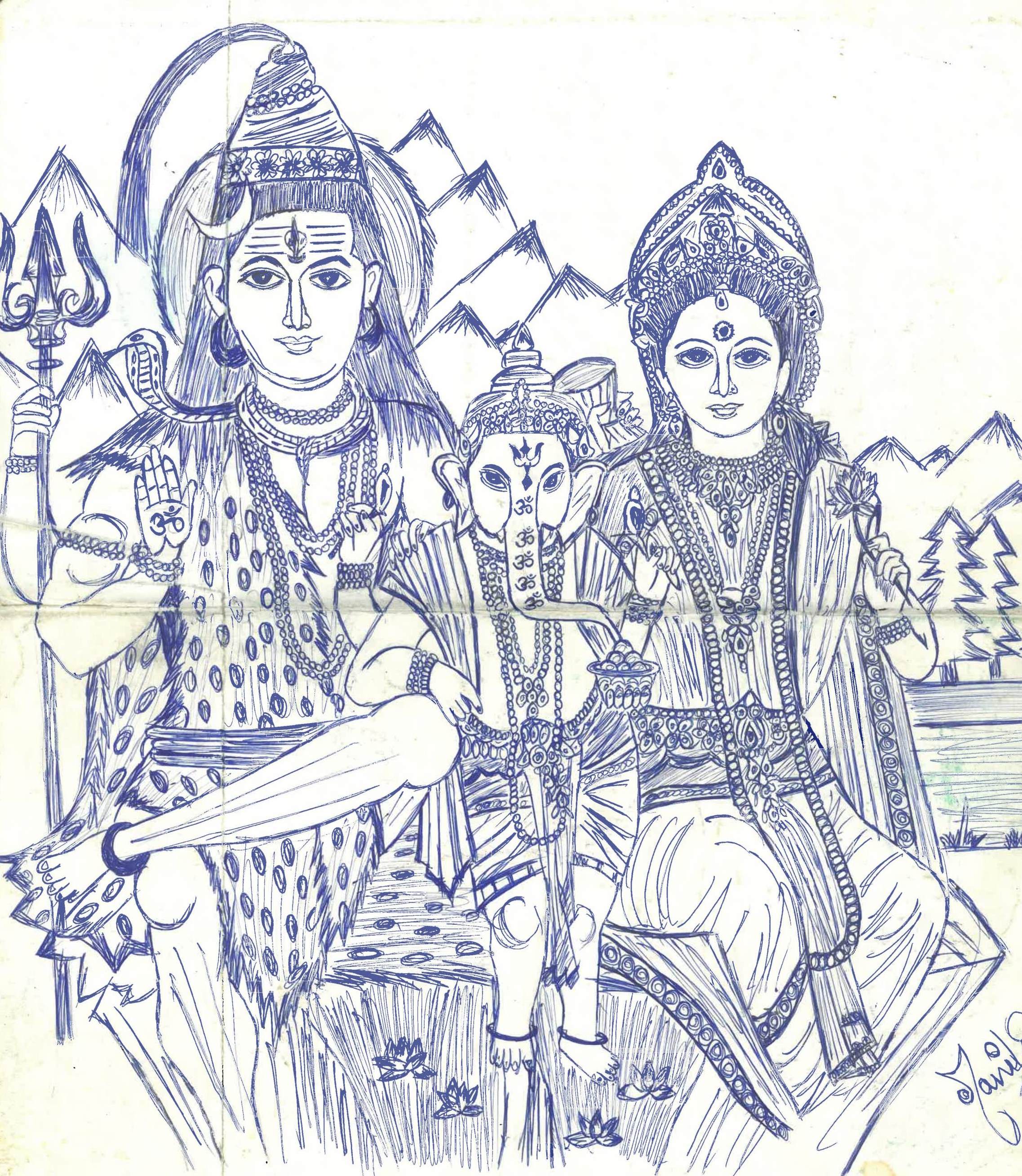 Matte Paper And Pencils Handmade Shiv Parivar Painting Size A4 Plus Sheet