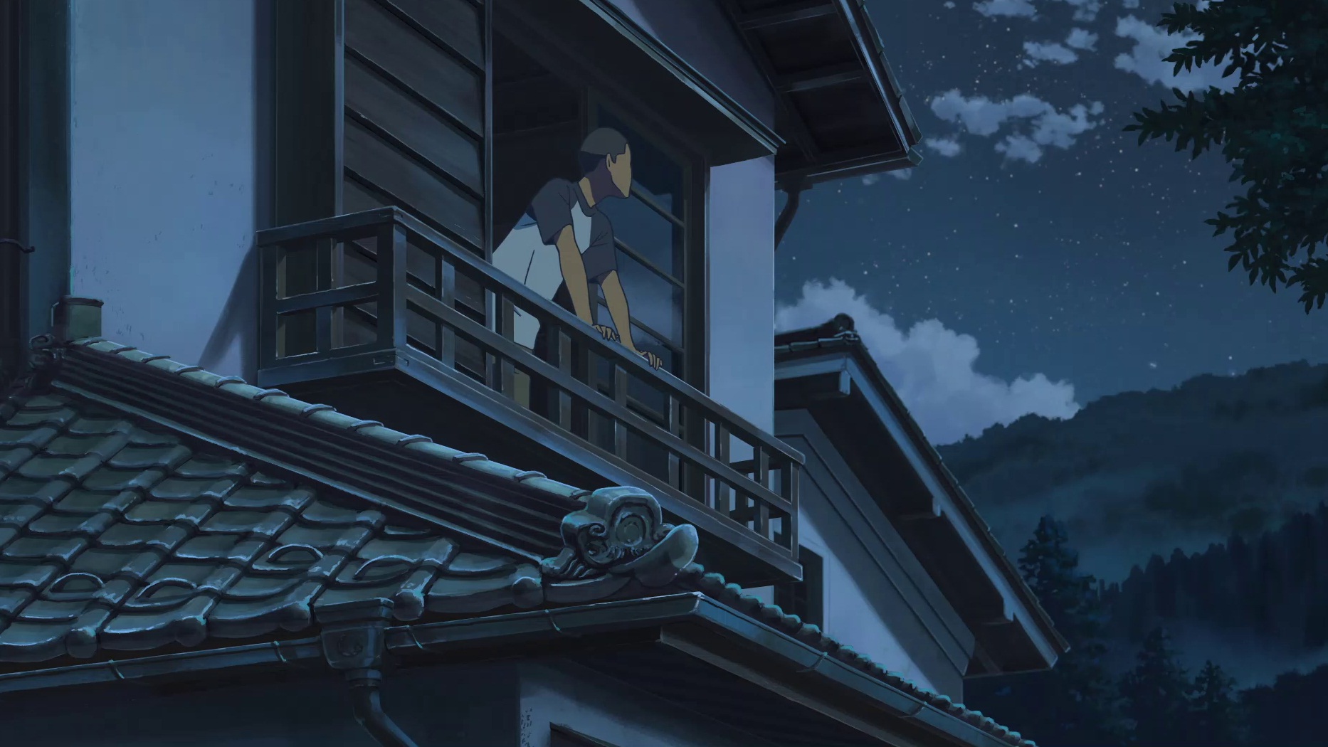 A boy standing in the tiny balcony of his traditional Japanese-style home  looks up towards the night sky. Scene from the anime feature film 'Your  Name'. — Steemit