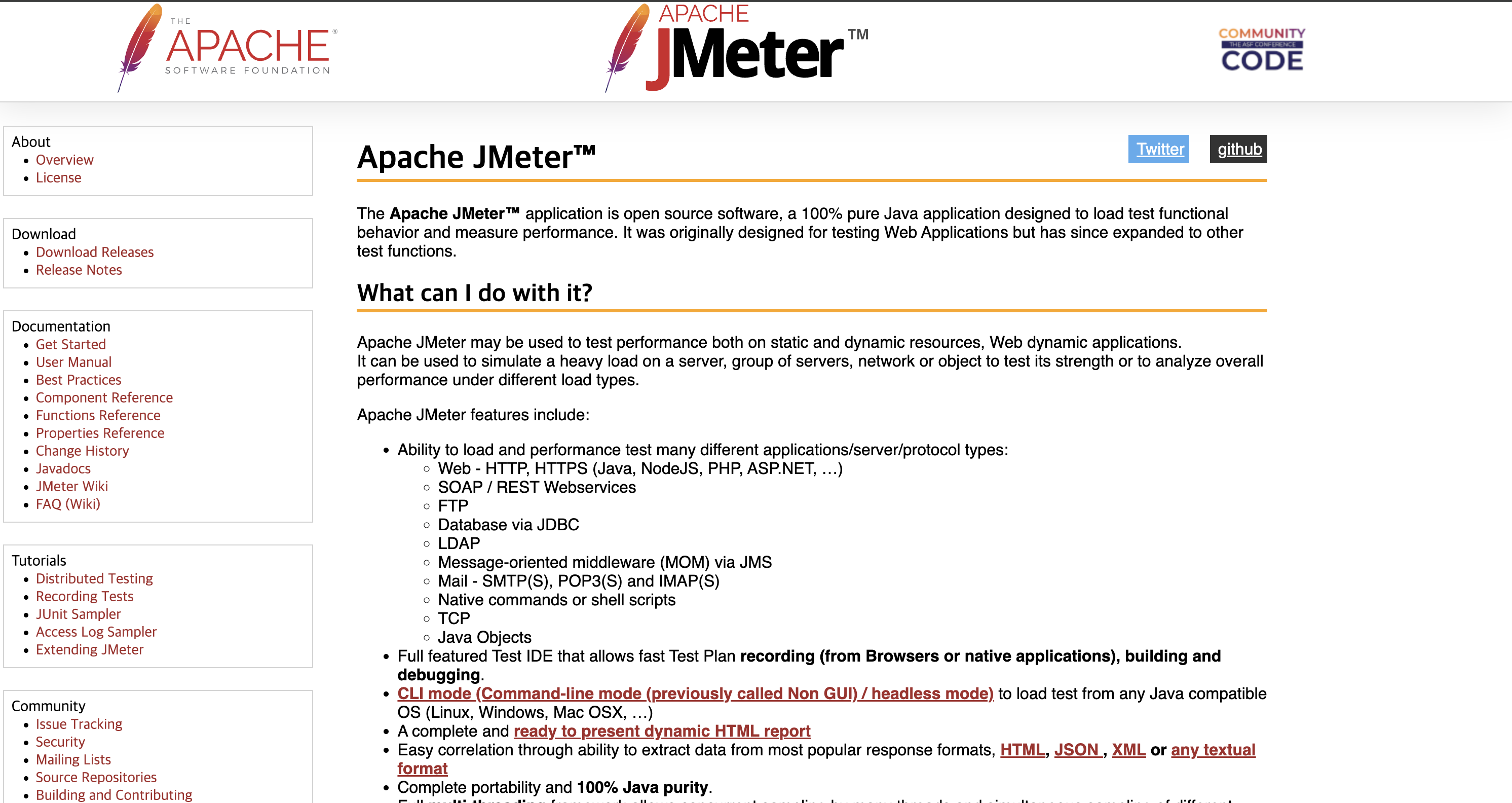 Apache JMeter 공식 웹사이트 메인 화면